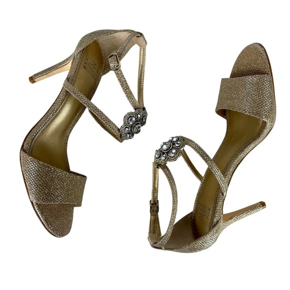 BELLE BY BADGLEY MISCHKA CRYSTAL RHINESTONE MEDALLION METALLIC EVENING SHOE - Picture 8 of 15